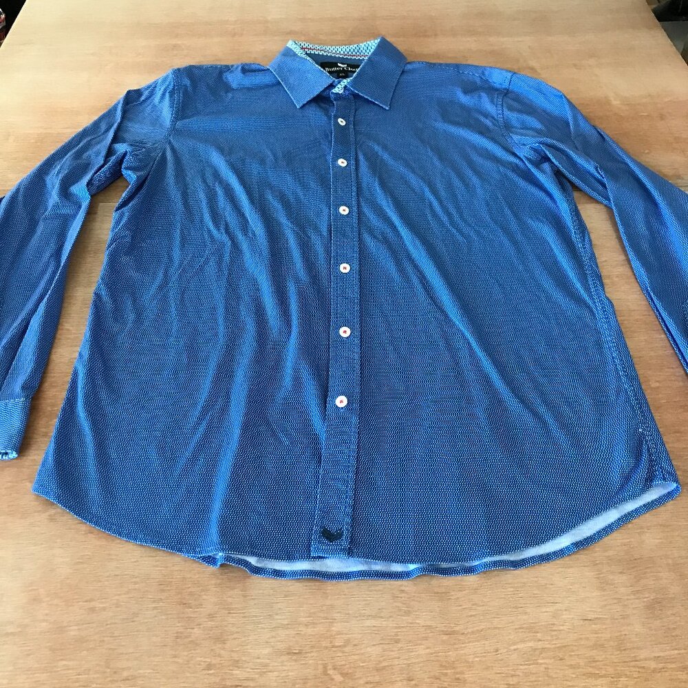 Butter Cloth Shirt Men XL Blue Geometric Button Up Long Sleeve Flip Cuff Preppy